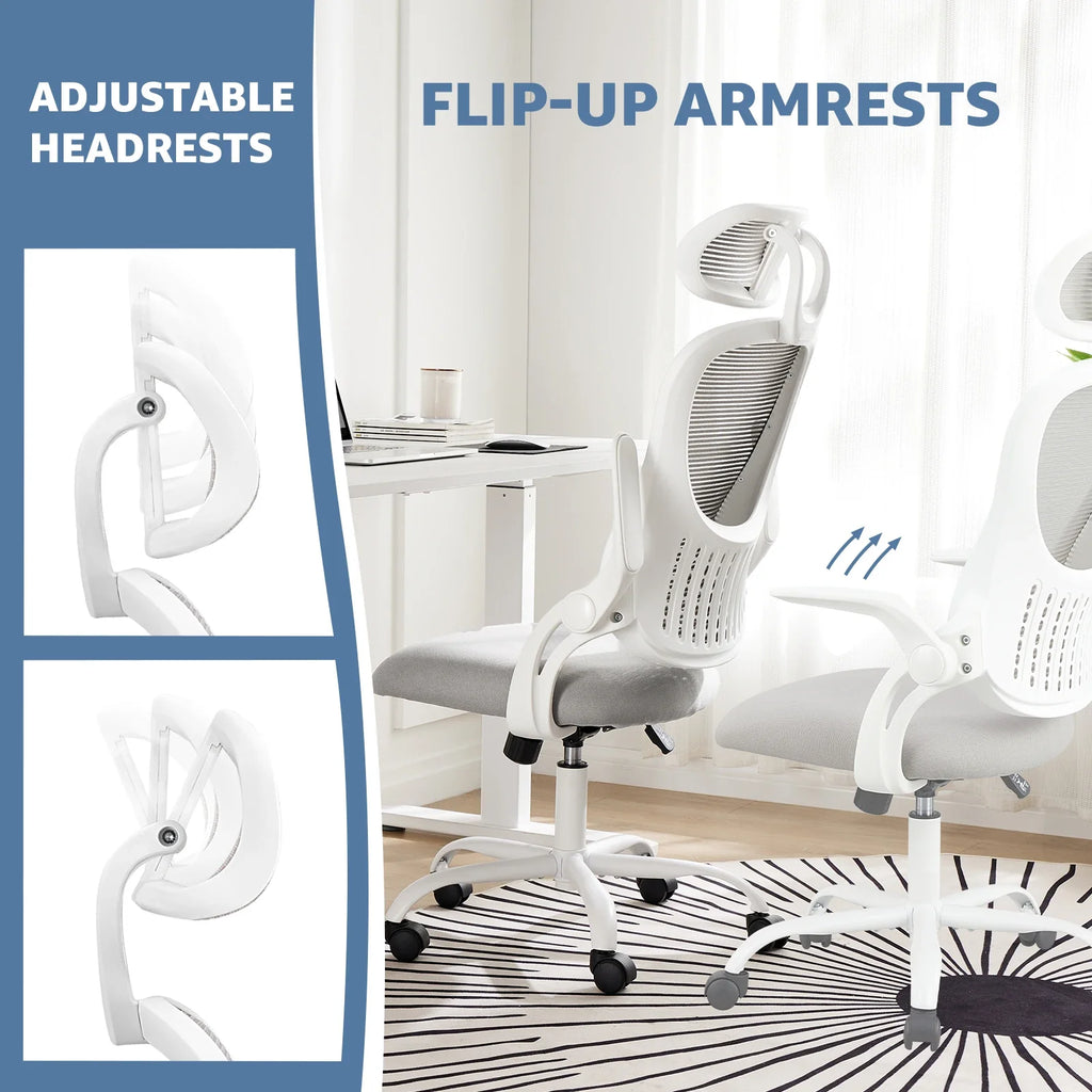 Ergonomic office chair with flip-up armrests and adjustable rotating headrest to tuck under a desk, Black, Gray, Pink