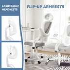 Ergonomic office chair with flip-up armrests and adjustable rotating headrest to tuck under a desk, Black, Gray, Pink