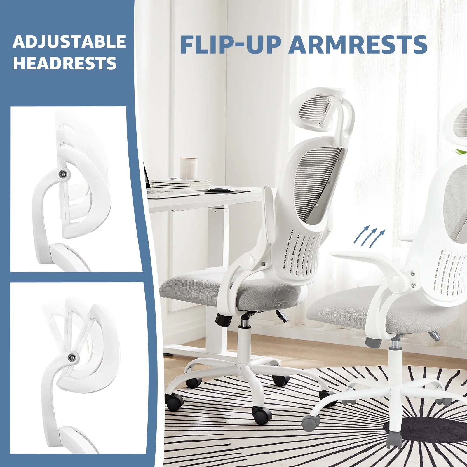 Ergonomic office chair with flip-up armrests and adjustable rotating headrest to tuck under a desk, Black, Gray, Pink