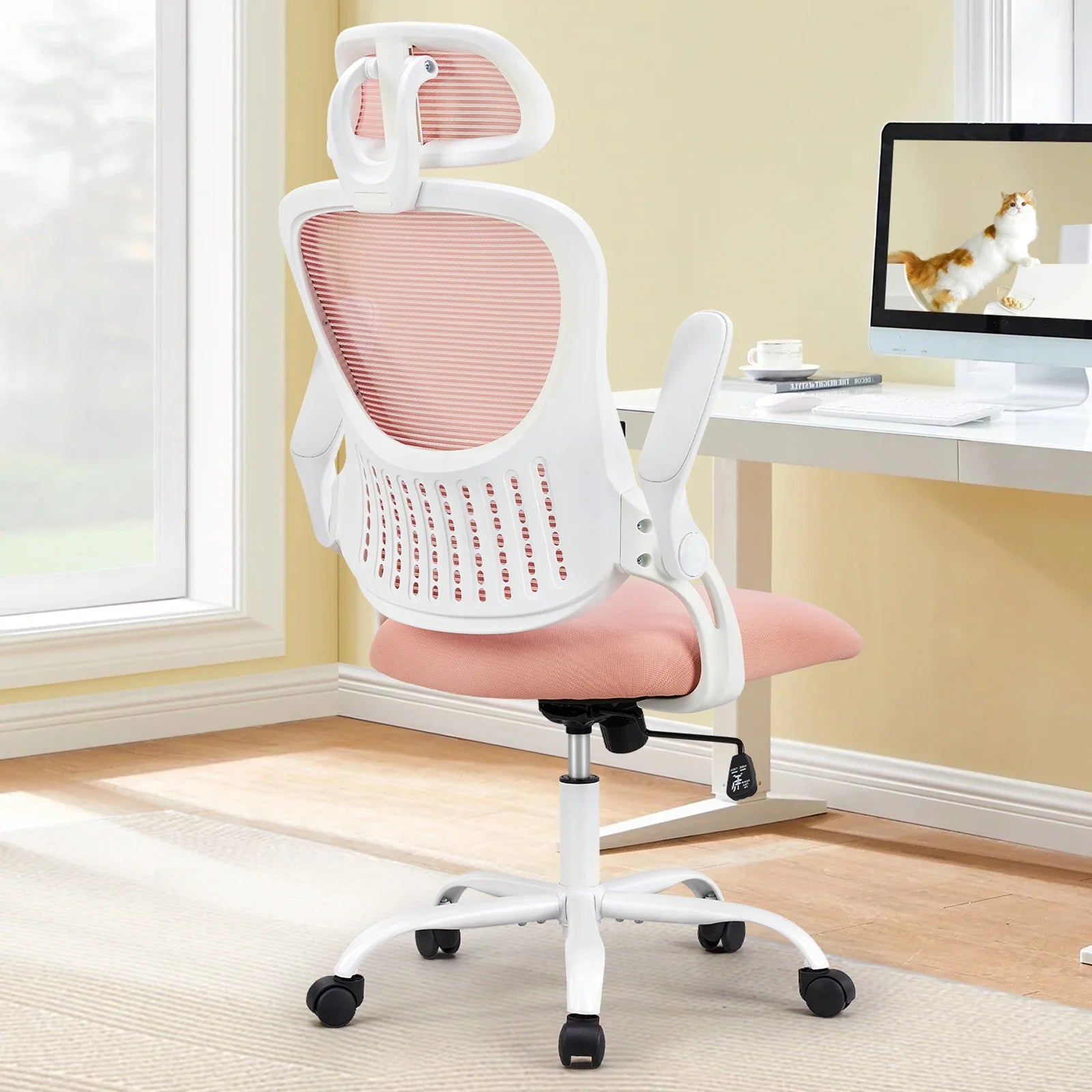 Mesh home office desk chair with adjustable headrest and swivel base for a bedroom study or dorm workstation, Pink