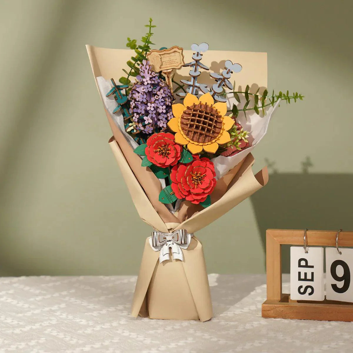 Everlasting wooden bouquet of laser-cut flowers styled as home decor, a screen-free craft kit and keepsake for adults Bouquet
