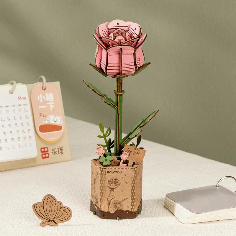 Wooden pink rose puzzle flower that never wilts, a build your own laser-cut bloom and romantic anniversary keepsake gift Pink Rose