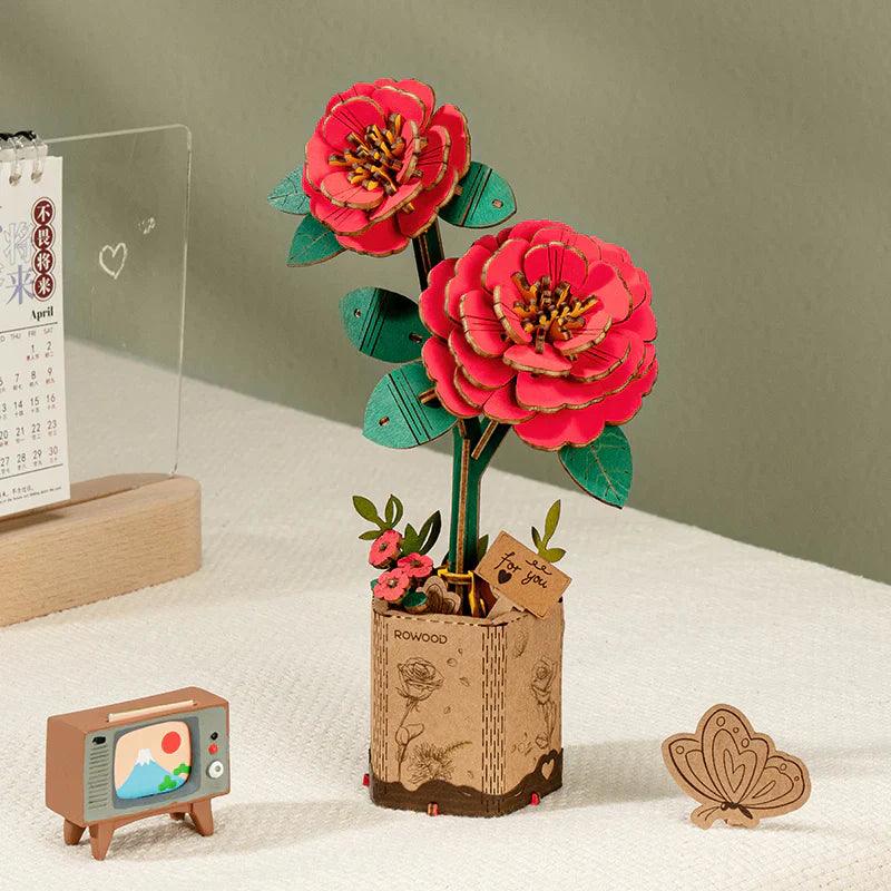 Wooden red camellia puzzle flower assembled from laser-cut pieces, a lasting bloom for home decor and a romantic keepsake Red Camellia