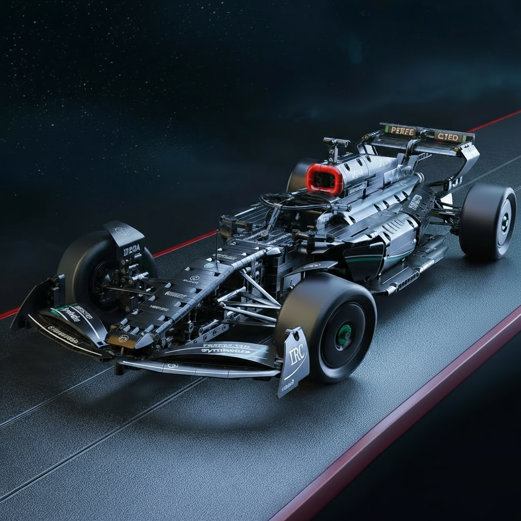Formula 1 building block model car with functional steering and adjustable DRS rear wing for motorsport building fans