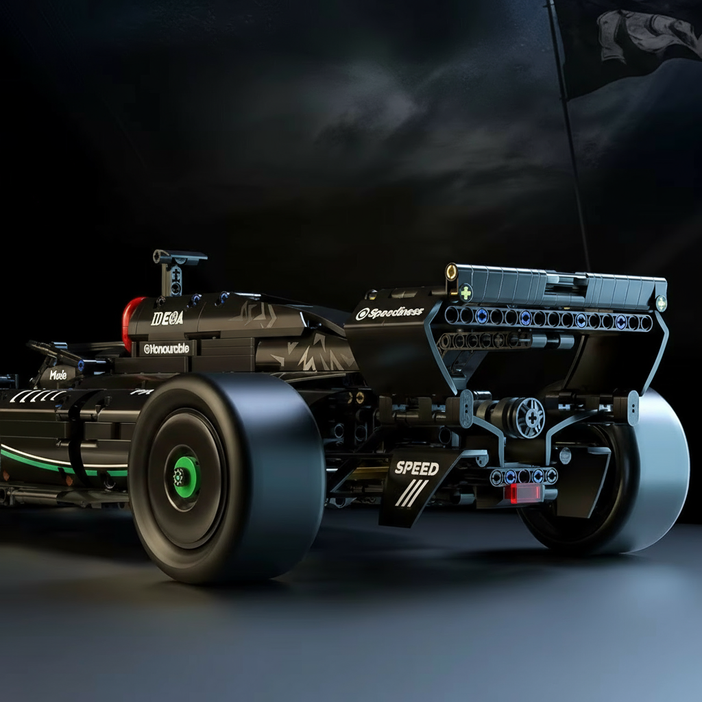 Obsidian black F1 racing car building blocks with metallic decals, a 1:8 scale display centerpiece for racing fans