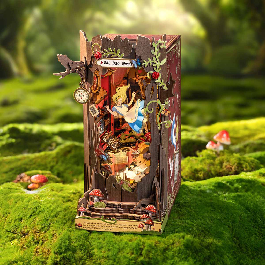 Touch sensitive LED book nook with a hidden mushroom switch and USB Type-C power for a glowing Wonderland shelf scene