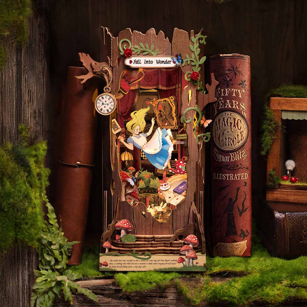 Alice in Wonderland book nook kit as a craft gift for readers, fantasy fans, and miniature diorama hobbyists to build