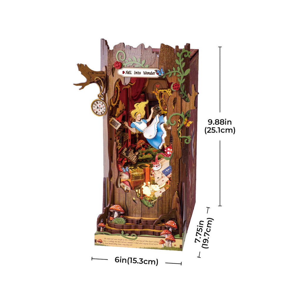 Wooden DIY book nook building kit for teen and adult crafters from beginner to advanced with an illustrated manual