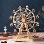 Assembled ferris wheel wooden music box turning on a round base, a wind up mechanical model for desk and shelf decor