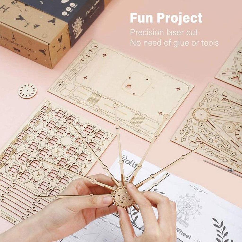 Laser cut wooden puzzle kit with 232 pieces that assemble without glue, a hands on 3D mechanical model for teens