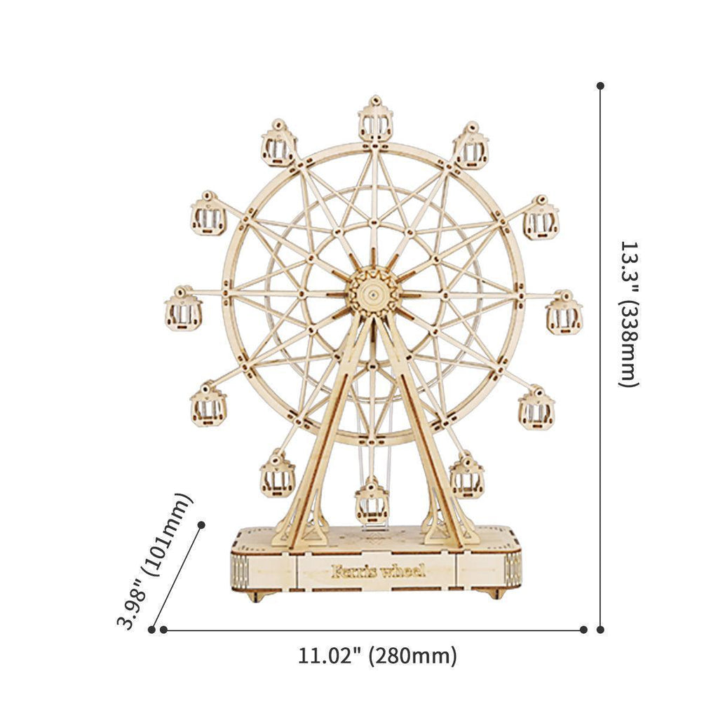 Wooden ferris wheel music box model standing 338 mm tall, a mechanical 3D puzzle display piece and birthday gift idea