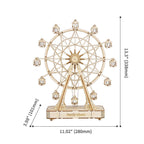 Wooden ferris wheel music box model standing 338 mm tall, a mechanical 3D puzzle display piece and birthday gift idea