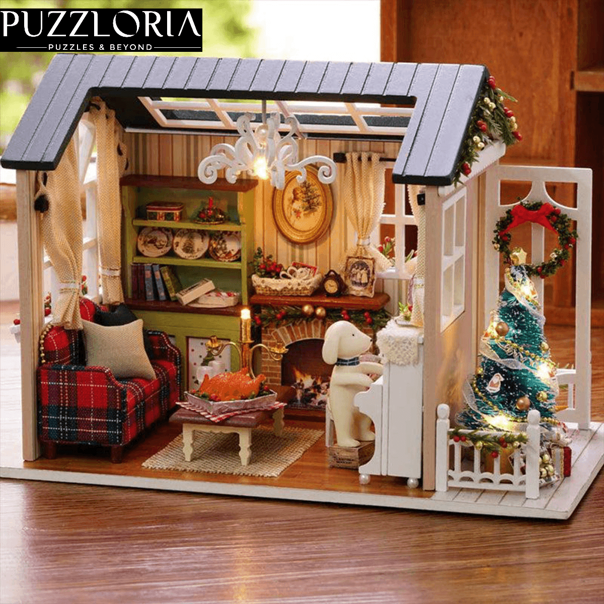 Festive Holiday Time miniature kit with warm LED lights and a music box for a cozy Christmas home display