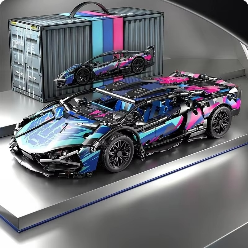 Blue toned cyber wrap supercar built from blocks, a bold 1:14 scale RC racing car model with a graphic camo finish to display