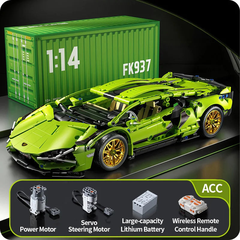 Buildable green RC racing car with a drive motor, servo steering motor and rechargeable battery for hands on remote play
