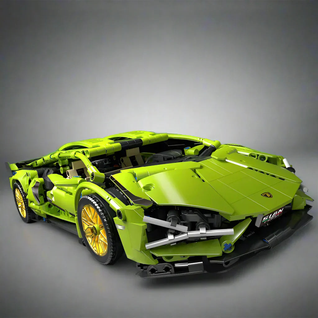 Green racing supercar model with an aero tail wing and low body, a 1:14 desk display piece built from interlocking blocks