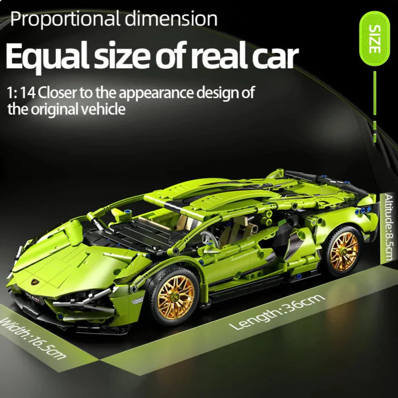 Green 1:14 scale supercar about 36 cm long once built, a large brick model racing car for shelf display and RC driving