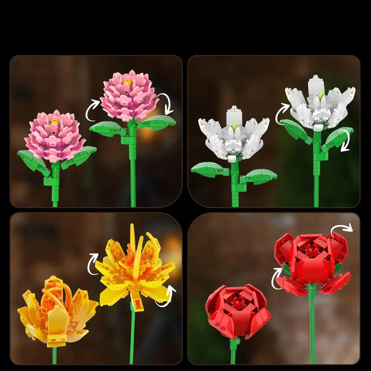 Botanical building blocks kit with 1488 color through ABS petal and leaf pieces for a 3D flower puzzle you assemble