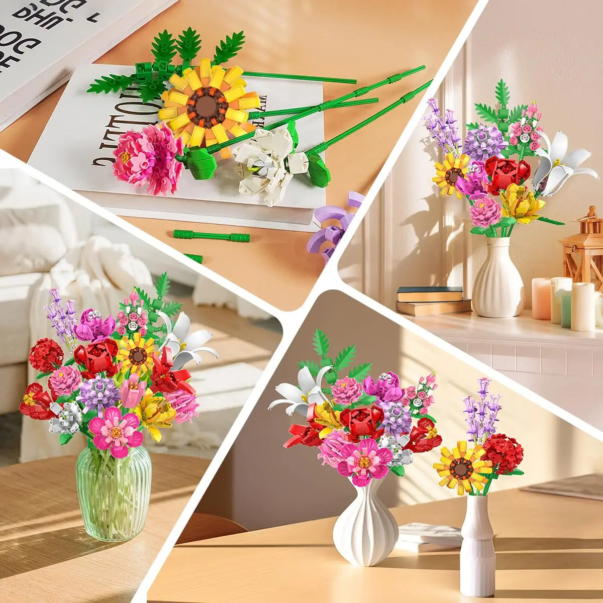 Build roses sunflowers tulips lilies and carnations then rearrange 18 flower varieties for a shelf or desk display