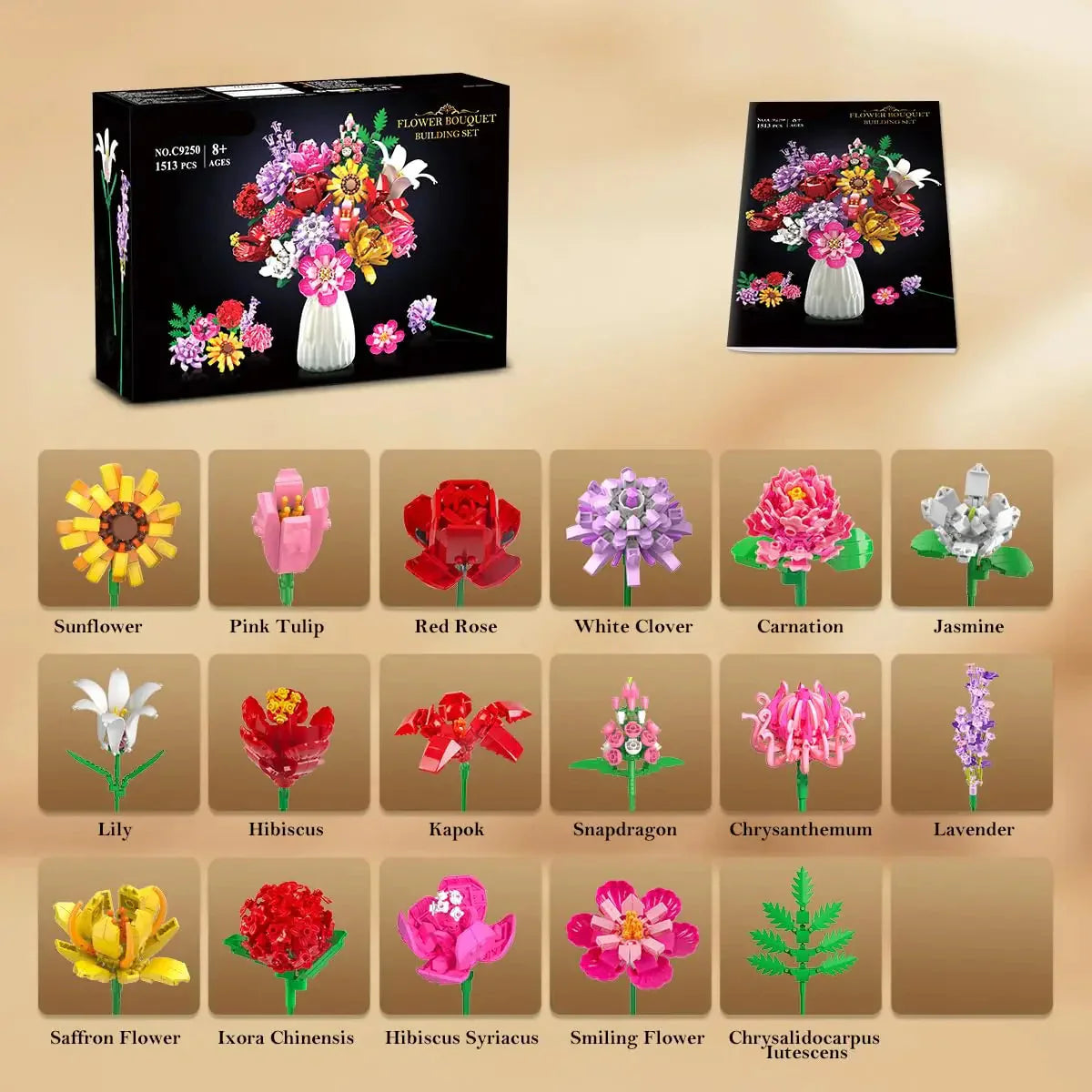 Flower block kit with illustrated instructions and sorted pieces boxed as a botanical 3D puzzle gift for beginners