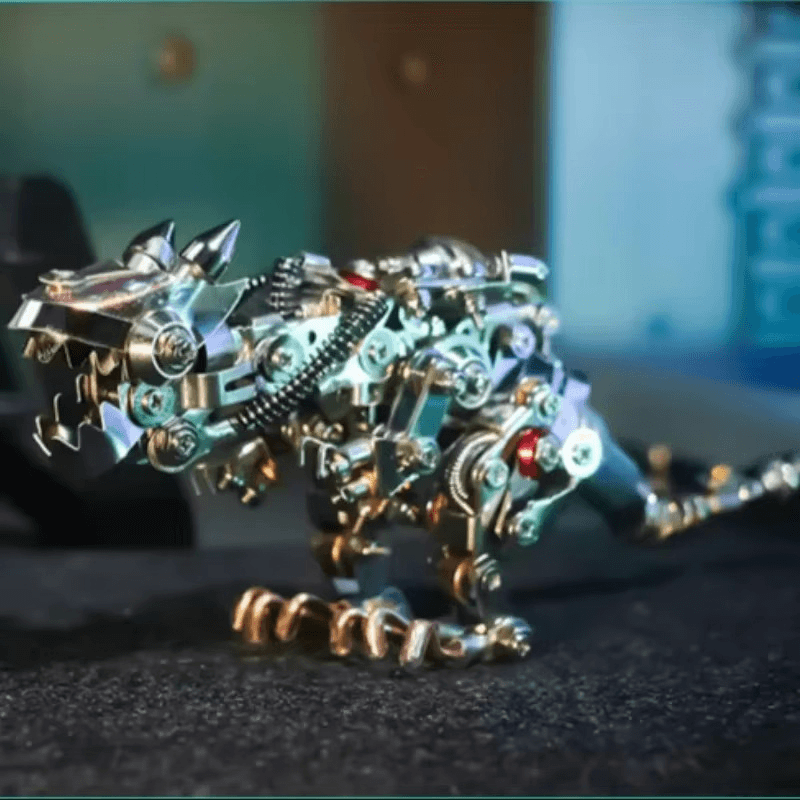 Blue metal dragon model kit on a desk as a mechanical display sculpture for dragon and fantasy fans who collect Blue