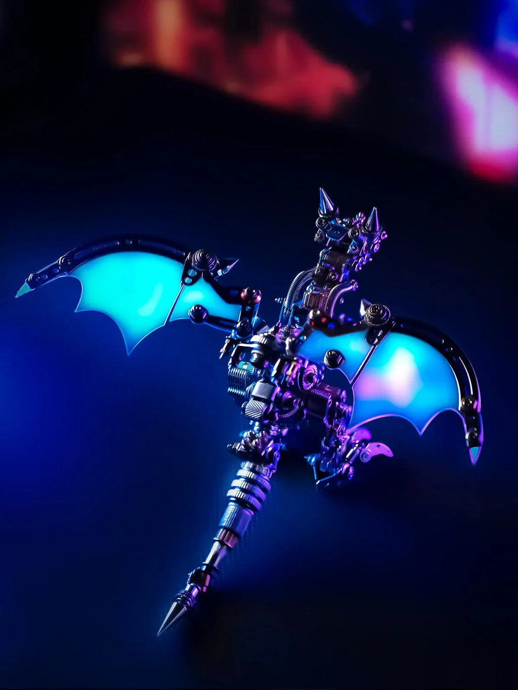 Blue winged mechanical dragon glowing as a night desk display, a 3d metal puzzle model for dragon and fantasy fans Blue