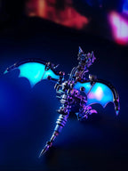 Blue winged mechanical dragon glowing as a night desk display, a 3d metal puzzle model for dragon and fantasy fans Blue