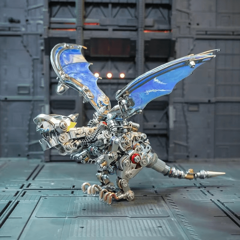 Blue winged mechanical dragon with poseable articulated metal wings, a 3d metal puzzle kit for adult builders and fans Blue