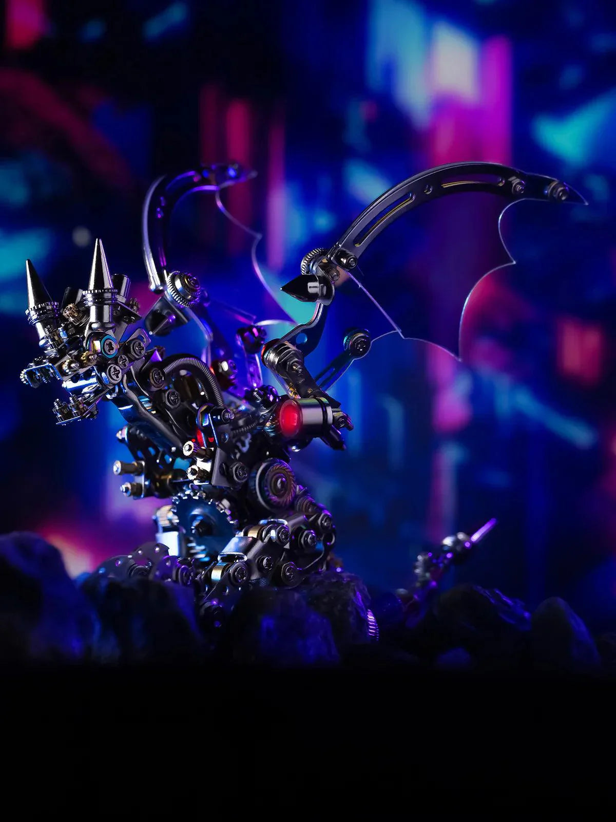 Mechanical metal dragon puzzle inspired by the legendary Nederhogg, a dark display sculpture for fantasy collectors Colorful