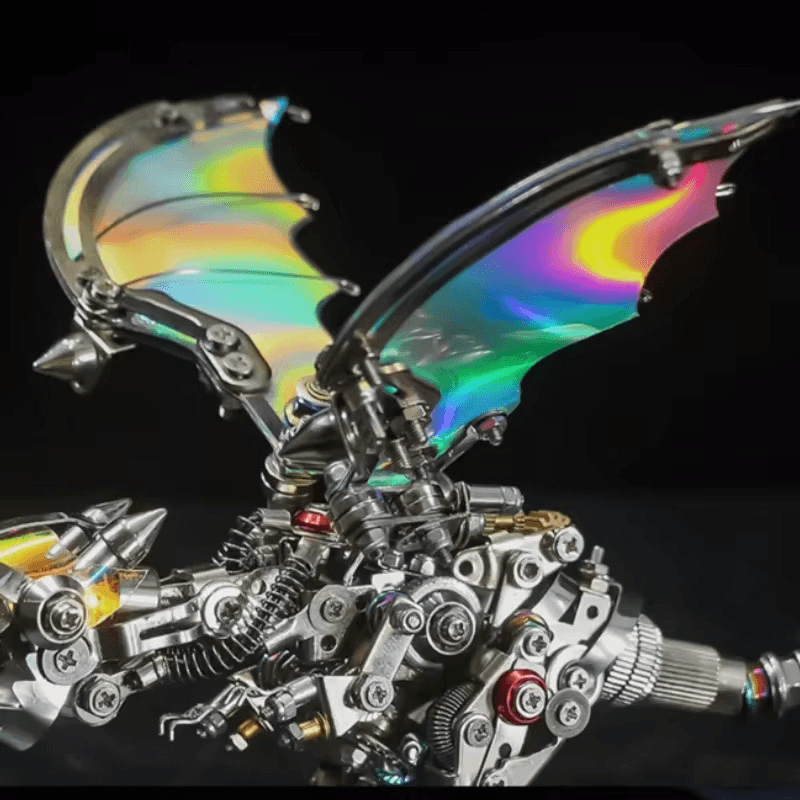 Rainbow iridescent dragon wings on a 3d metal puzzle model, a colorful mechanical sculpture for display and for gifts Colorful