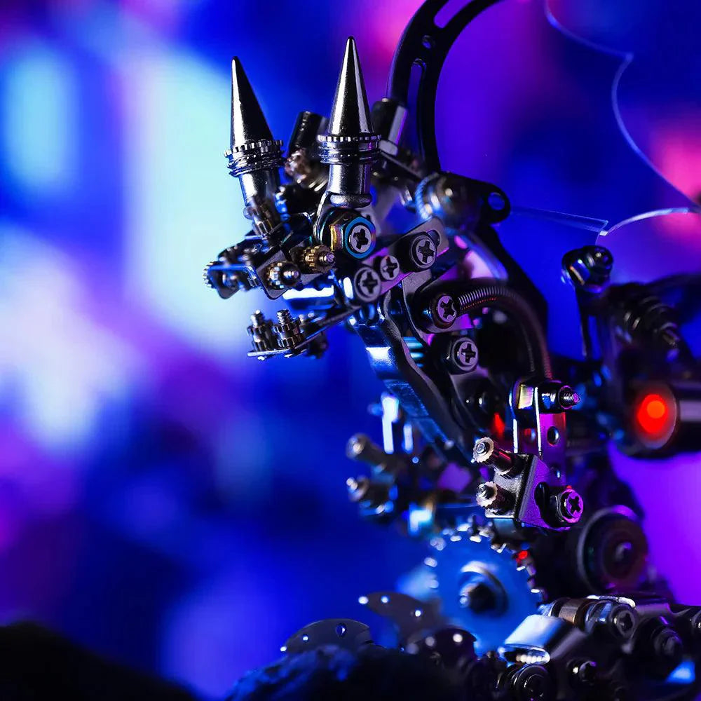 Spiked metal dragon head with mechanical gears and screws, a detailed 3d metal puzzle build for adult model collectors Colorful