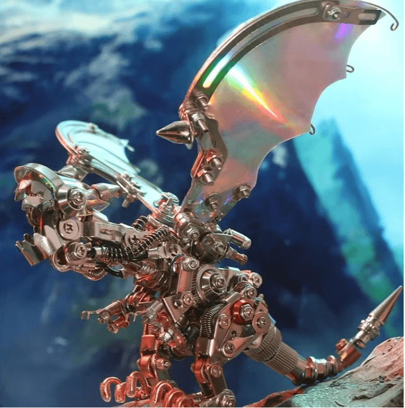 Colorful iridescent winged dragon 3d metal puzzle, a rainbow finish mechanical model and a desk display centerpiece Colorful