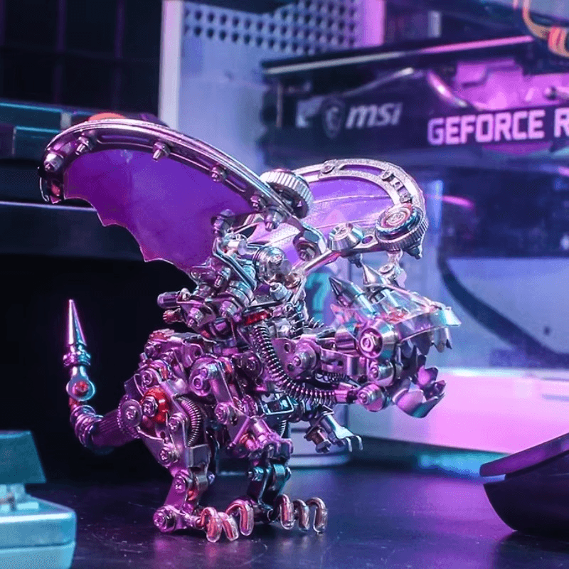 Purple red winged metal dragon on a gaming desk, a mechanical puzzle sculpture and display model for dragon fans Purple Red