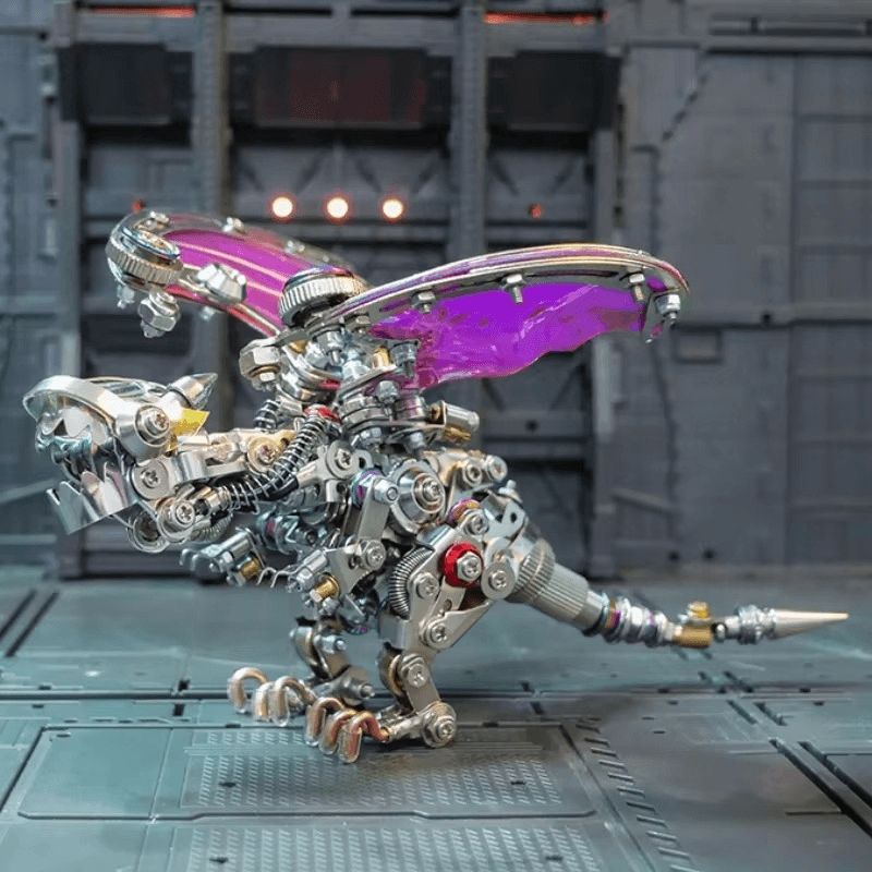 Purple red winged dragon 3d metal model as fantasy room decor and a mechanical desk sculpture for dragon lovers Purple Red
