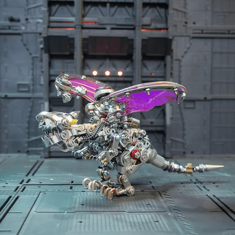 Purple red winged metal dragon puzzle assembled from 630 precision-cut pieces as a mechanical desk display model Purple Red