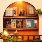 Finished woodland teahouse display with clear dust cover keeping the miniature cafe clean as desk decor