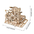 Fortress marble run standing about 255 mm wide, a mechanical wooden model that works as a display centerpiece at home