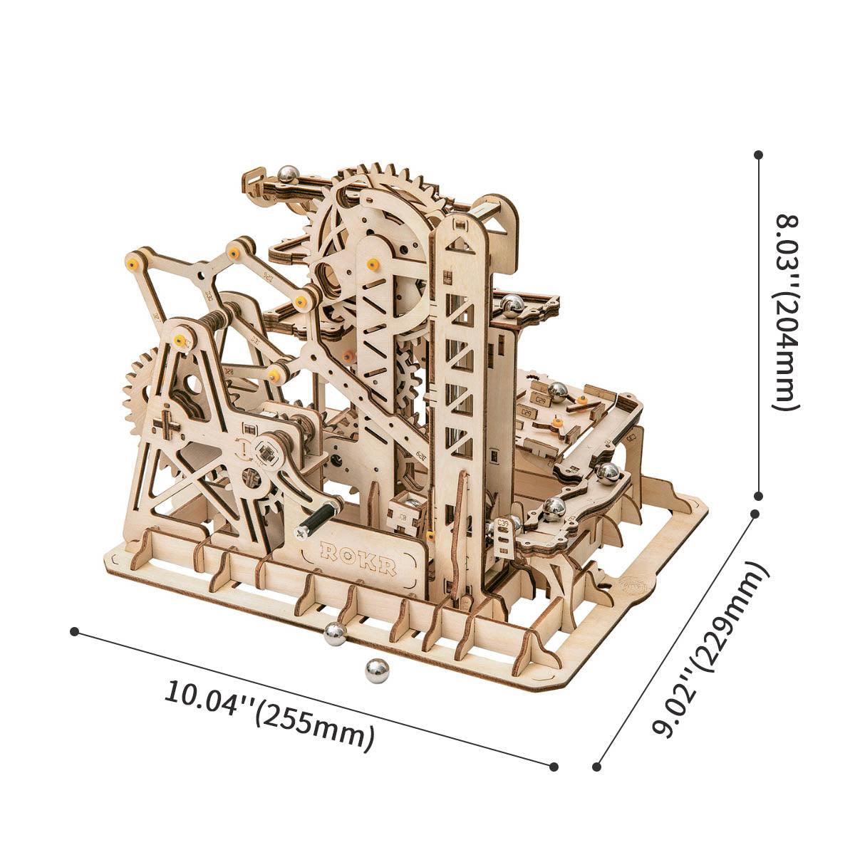 Fortress marble run standing about 255 mm wide, a mechanical wooden model that works as a display centerpiece at home