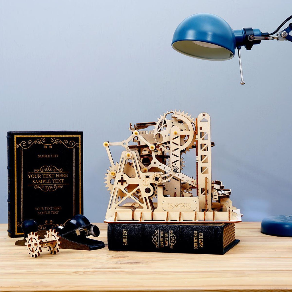 Working wooden marble run as desk decor, a screen free STEM gift for engineering fans and curious young builders