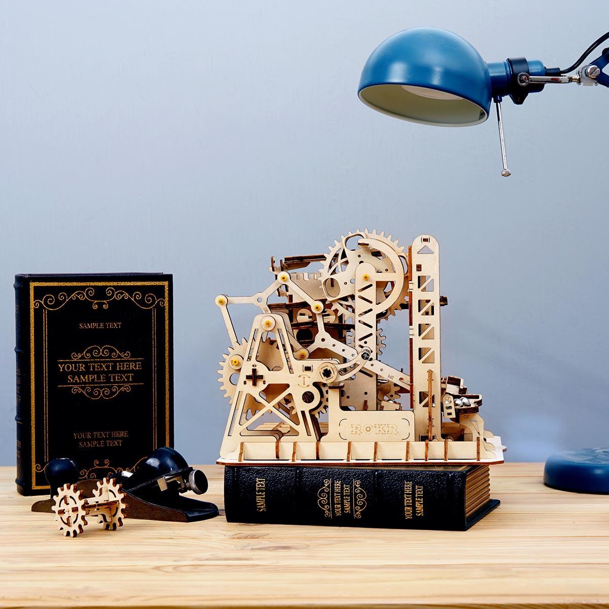 Working wooden marble run as desk decor, a screen free STEM gift for engineering fans and curious young builders