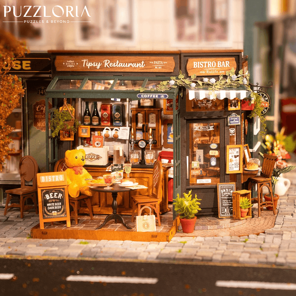 French cafe miniature interior with a wine cabinet, mini bar, coffee machines and 3D wallpaper for hobby crafters
