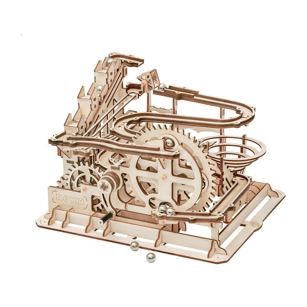 Wooden marble run kit with hand crank and spiral funnel track, a 233 piece STEM building puzzle for curious kids and teens