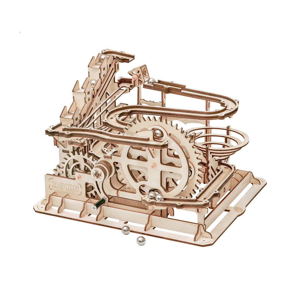 Wooden marble run kit with hand crank and spiral funnel track, a 233 piece STEM building puzzle for curious kids and teens