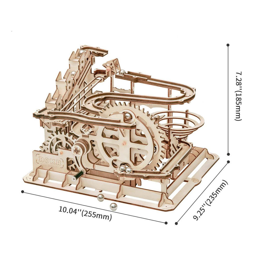 Mechanical marble maze model measuring about 10 inches wide, a laser-cut wooden kit sized for desk and shelf display