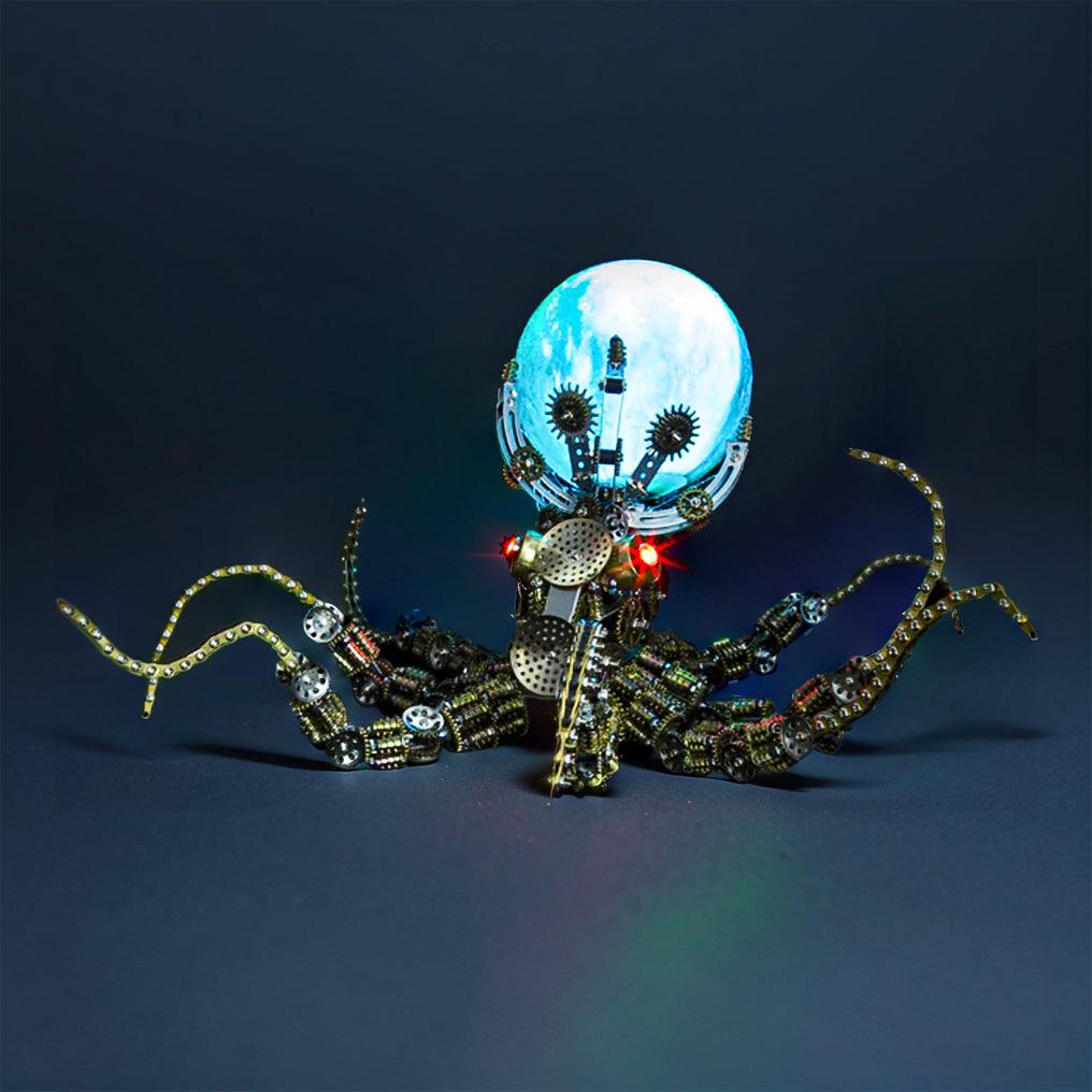 Stainless steel octopus model with jointed gear tentacles as a screen-free 3D metal building project for hobbyists Star light Galaxy Light