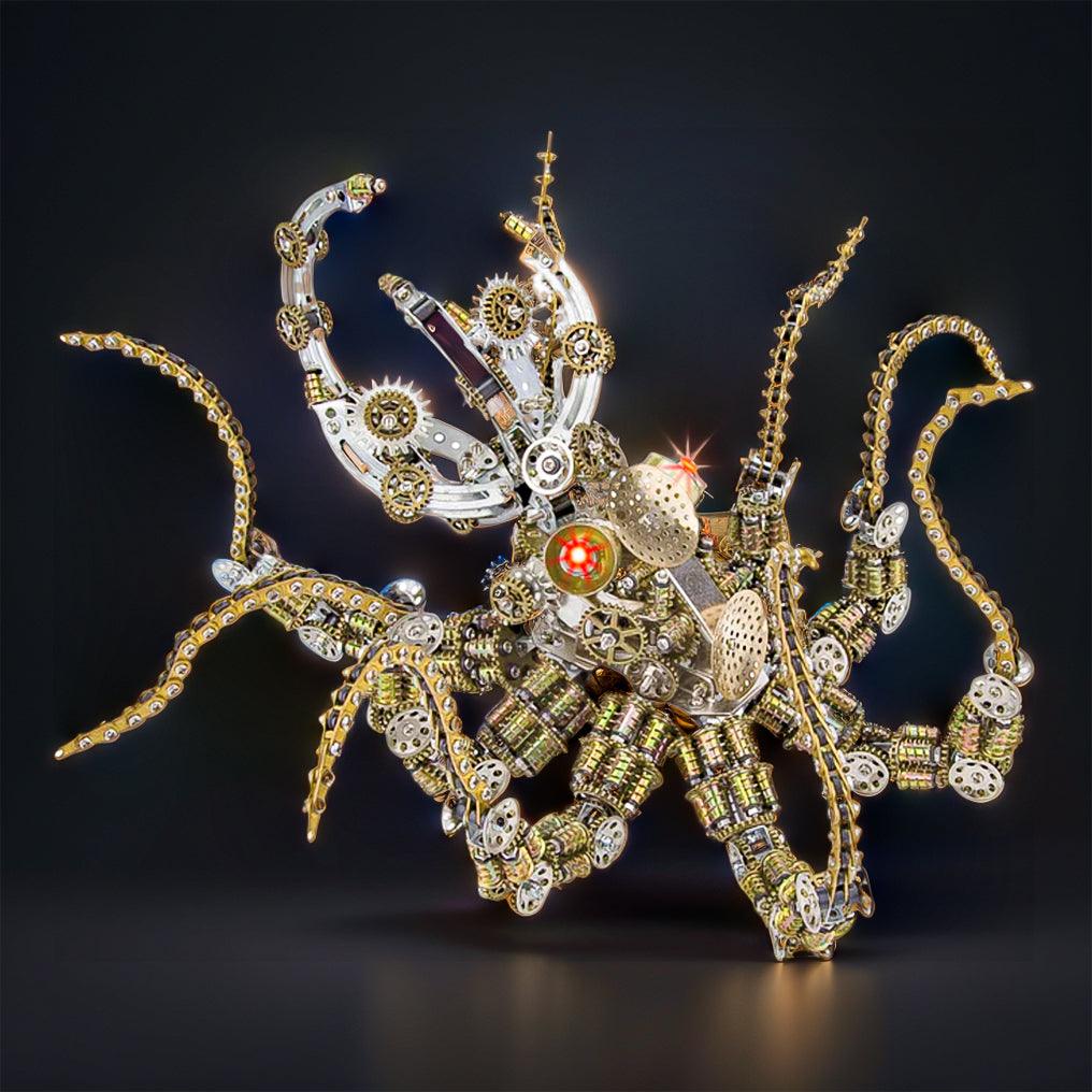 Mechanical octopus metal puzzle kit with glowing red eyes and gear tentacles as a steampunk shelf centerpiece Galaxy Light Sky Light