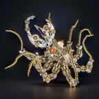 Mechanical octopus metal puzzle kit with glowing red eyes and gear tentacles as a steampunk shelf centerpiece Galaxy Light Sky Light