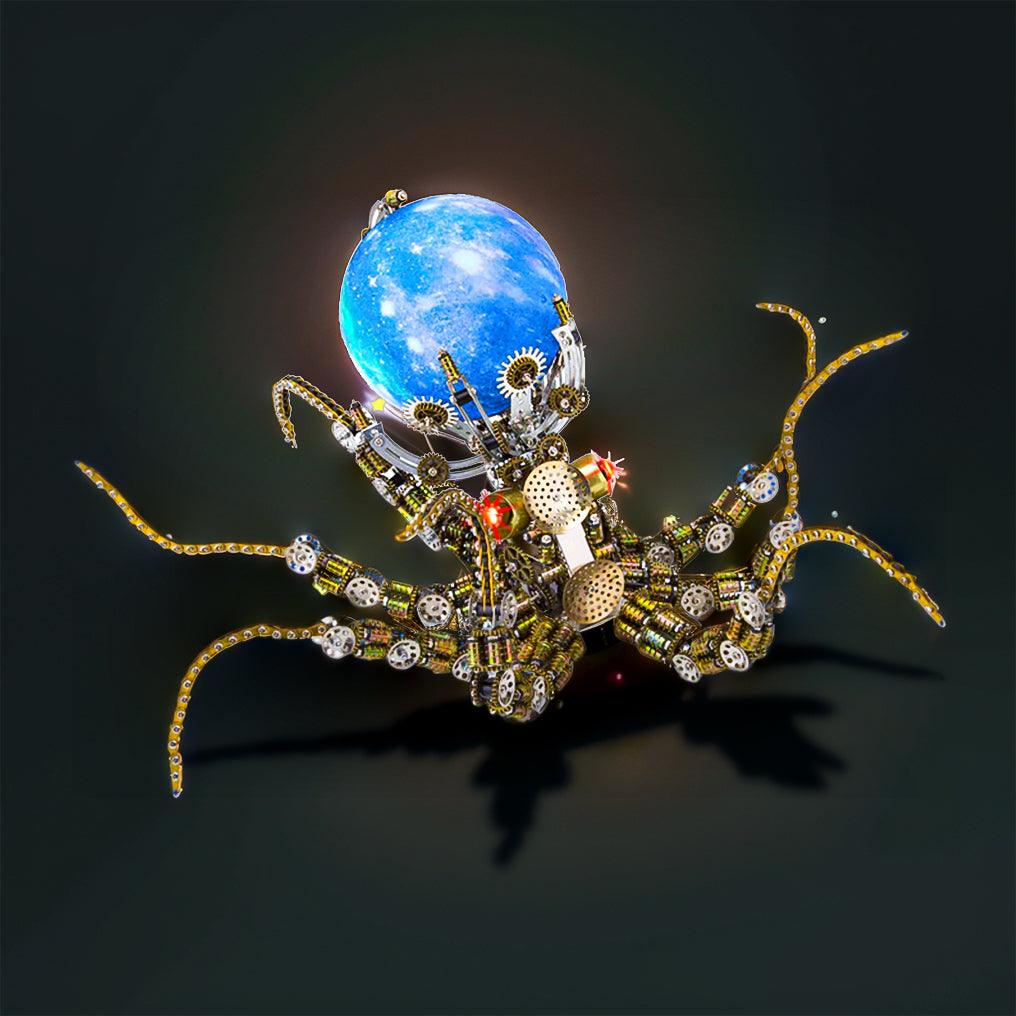 Steampunk kraken metal sculpture and color LED lamp as a mechanical gift for adults who collect model kits and decor Star light Moon light