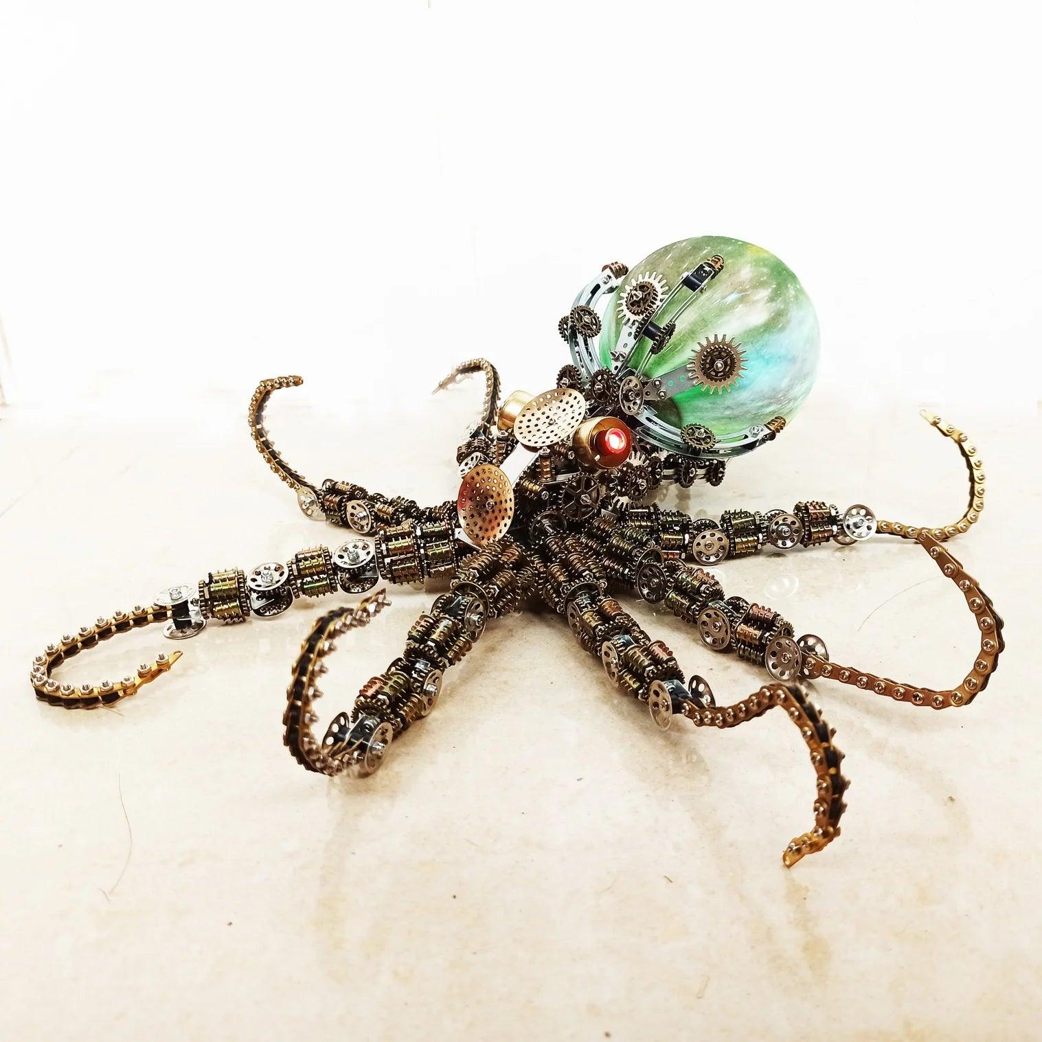 Metal steampunk octopus with a green cosmic orb and gear tentacles as a color changing centerpiece for adult fans Star light Galaxy Light