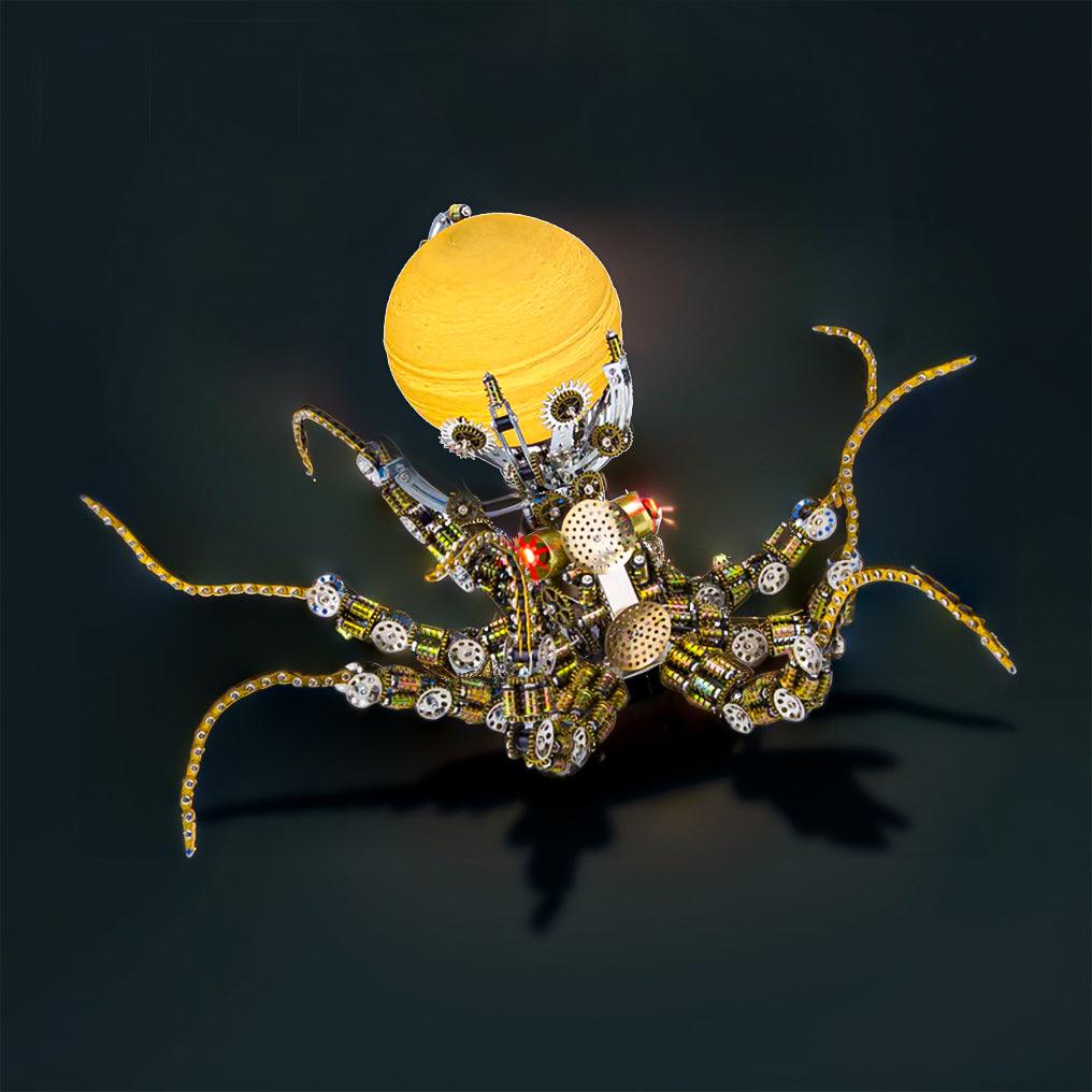 Illuminated metal octopus centerpiece with a glowing orb and gear body as steampunk decor for a desk or bookshelf Star light Sky Light
